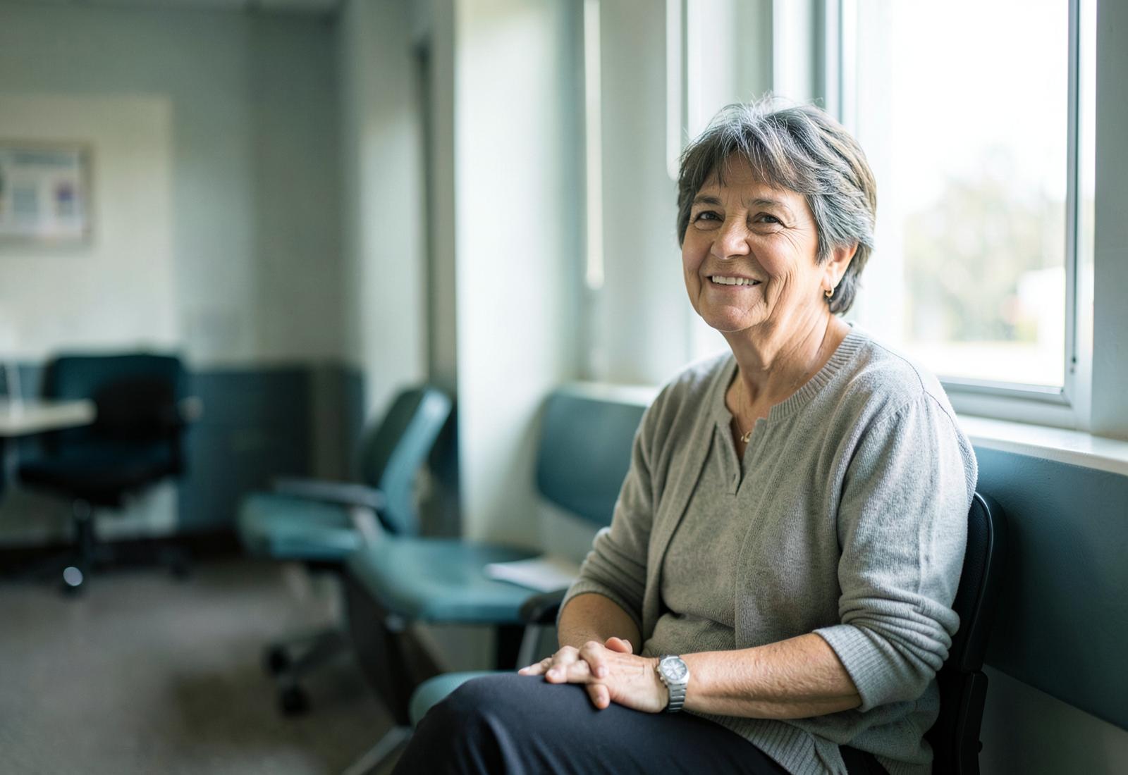 Mulher sorridente aguardando atendimento em uma sala de espera iluminada
